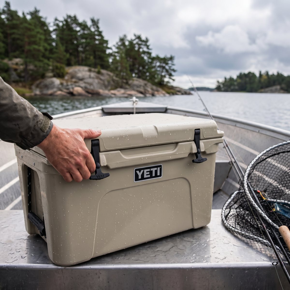 Sandfärgad Yeti Tundra 45 på däcket i en aluminiumbåt i skärgården, bredvid fiskespön och håv