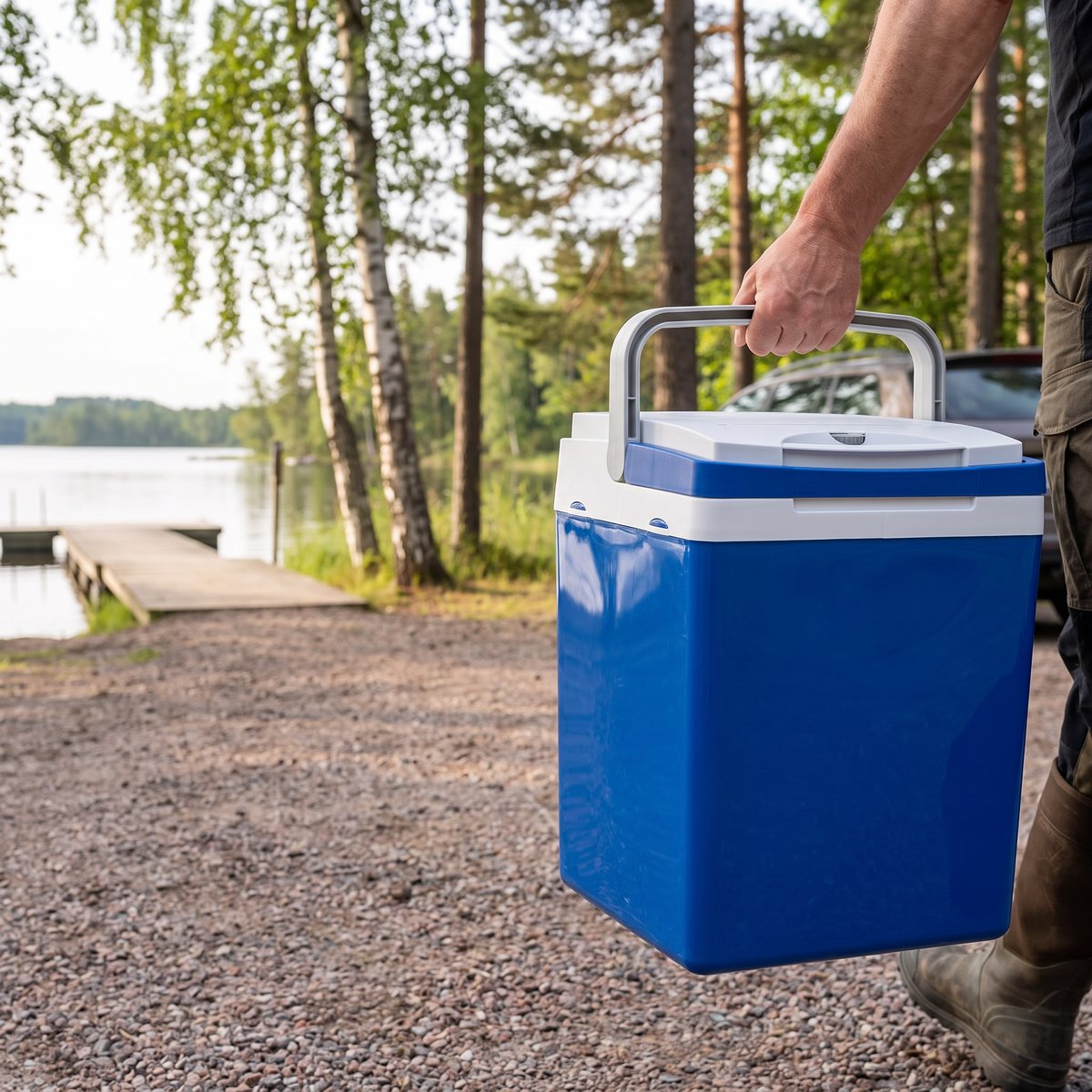 Blå ZORN 29L som bärs i ena handen över en grusparkering mot en badplats vid en sjö