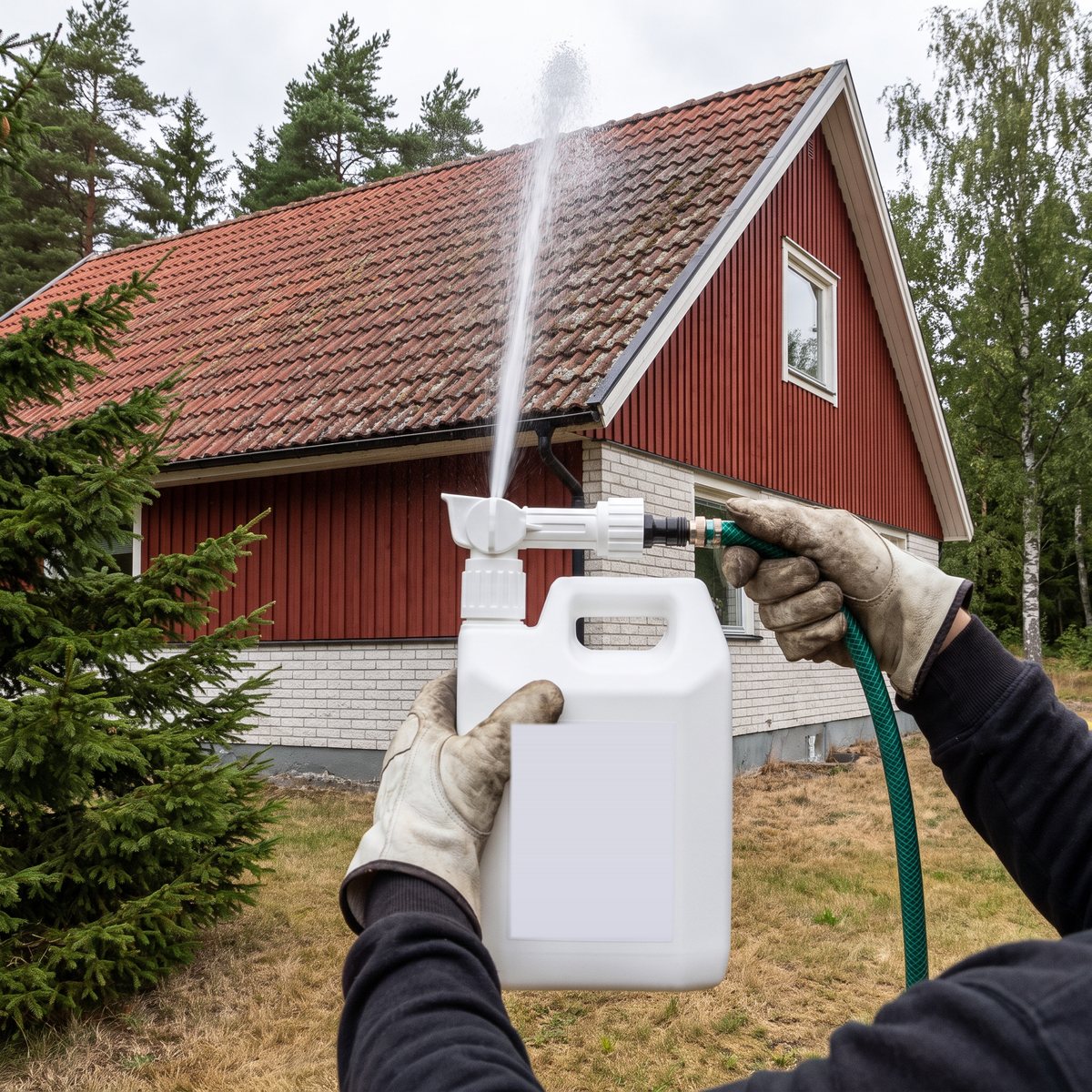 Biokleen Takrent Ejektor kopplad till trädgårdsslangen sprutar mot ett tak med alger och lav på en röd svensk villa.