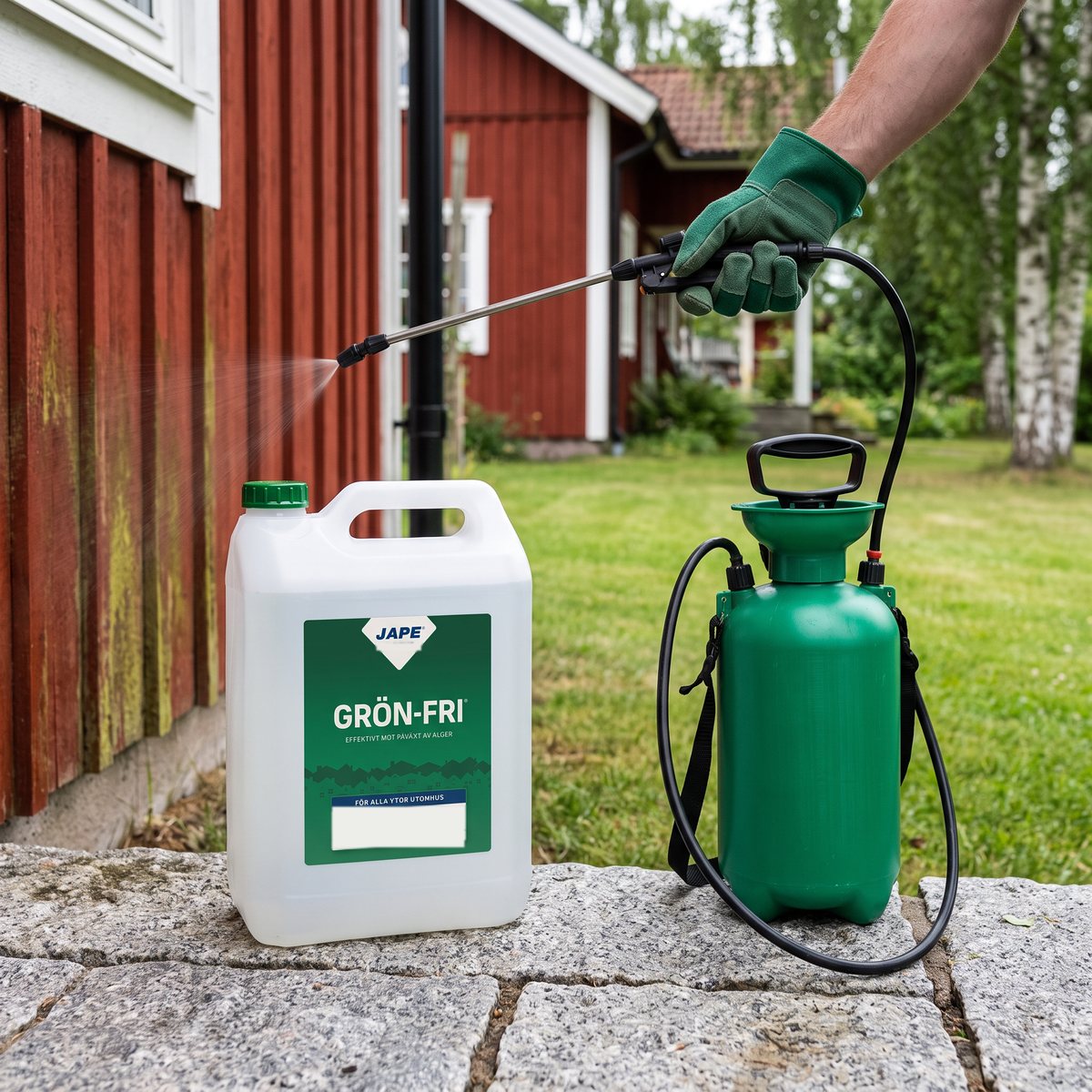 Jape Grön-Fri 5 l-dunk på granitplattor bredvid en tryckspruta som sprutar medlet på en faluröd träfasad med alger i en svensk trädgård.