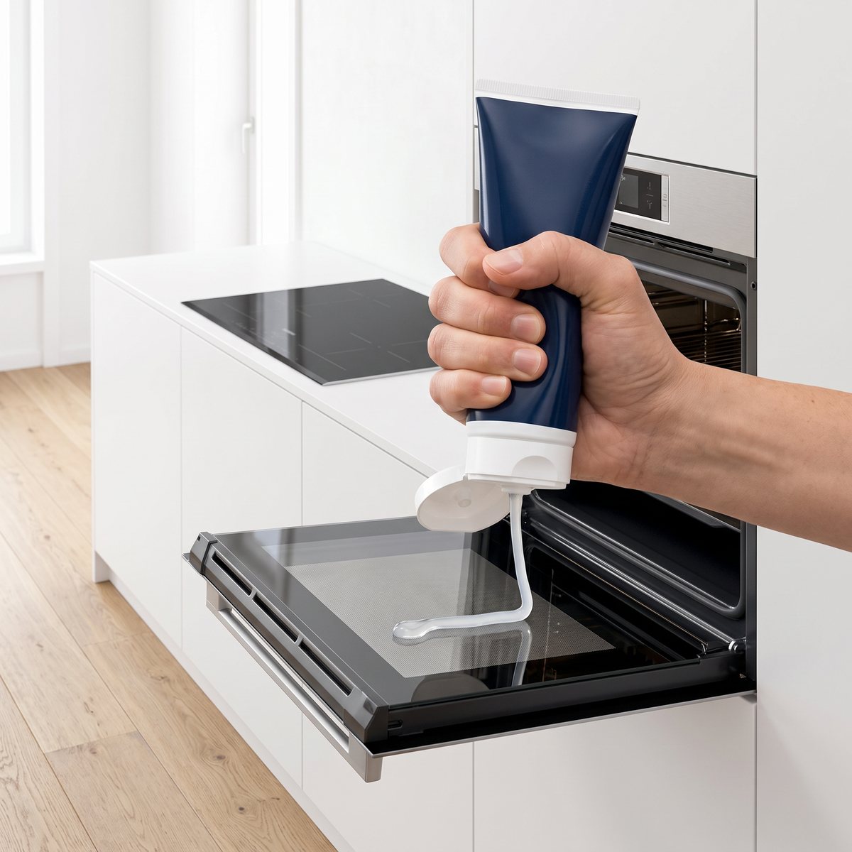 Hand trycker ut Bosch rengöringsgel för ugn på insidan av en nedfälld ugnslucka i en vit svensk köksinredning med induktionshäll