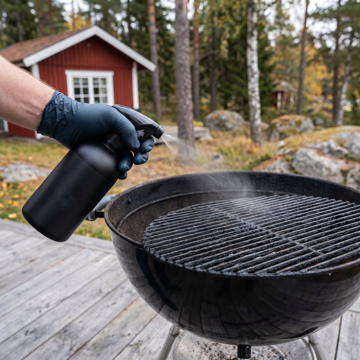 Hand i skyddshandske sprayar Matgeek Grillrengöring på ett svart, kallt grillgaller på en altan vid en röd stuga bland tallar och björkar