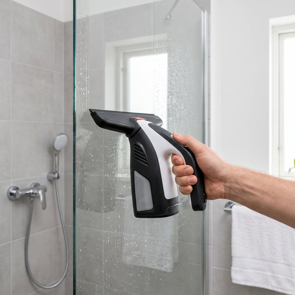 Bosch GlassVAC dras över en blöt duschvägg av glas i ett ljust svenskt badrum