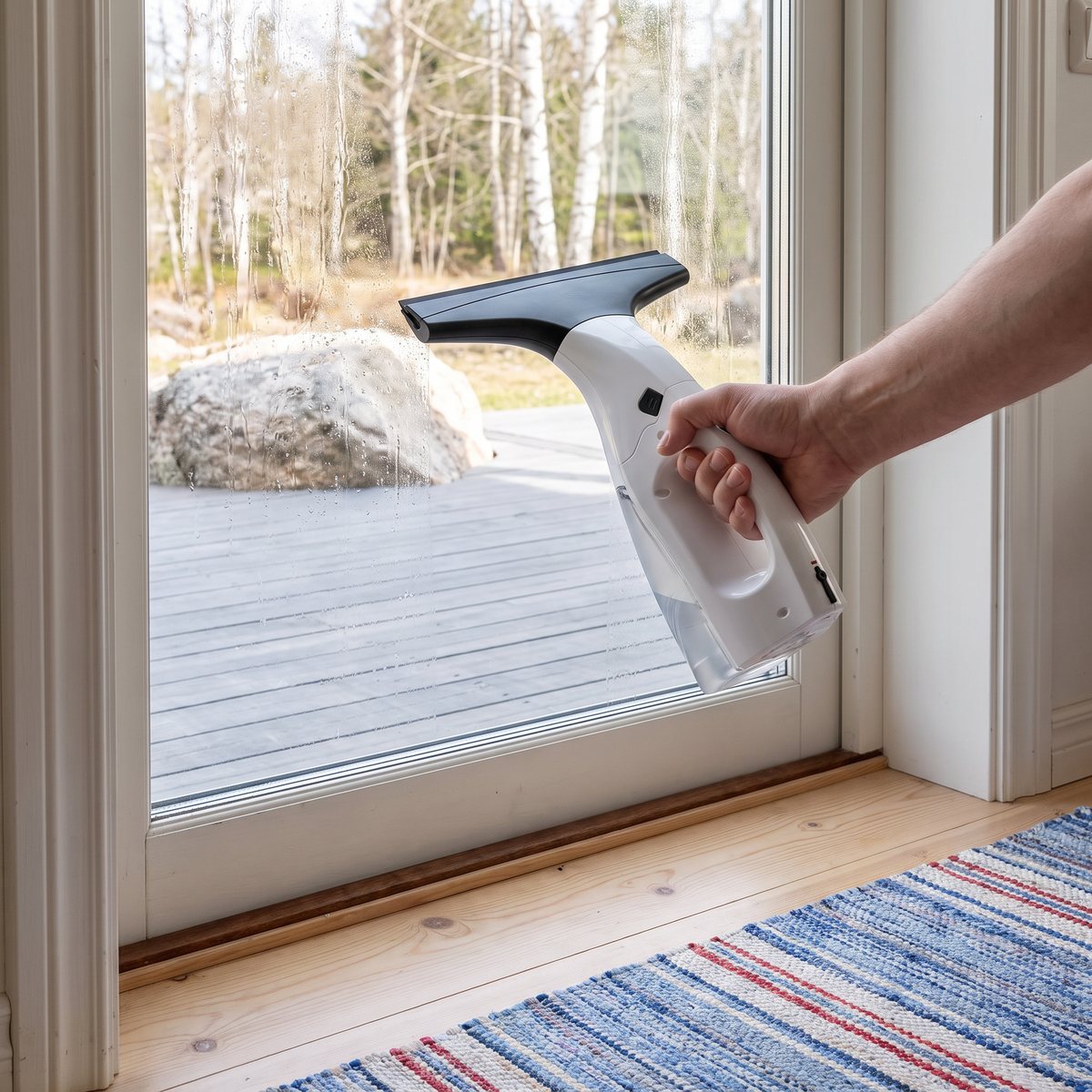 Elvita CFT1150V dras nedför glaset i en altandörr med trädäck, granitsten och björkar utanför