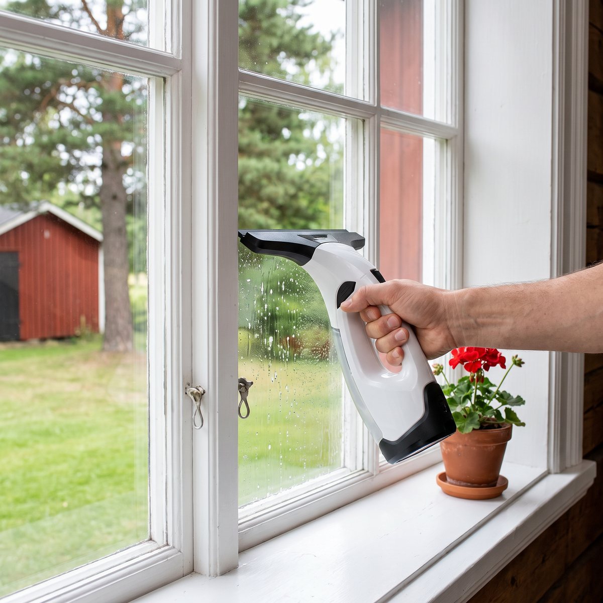 Kärcher WV 2 Plus N på en spröjsad fönsterruta i ett svenskt trähus med pelargon på fönsterbänken och en röd bod utanför