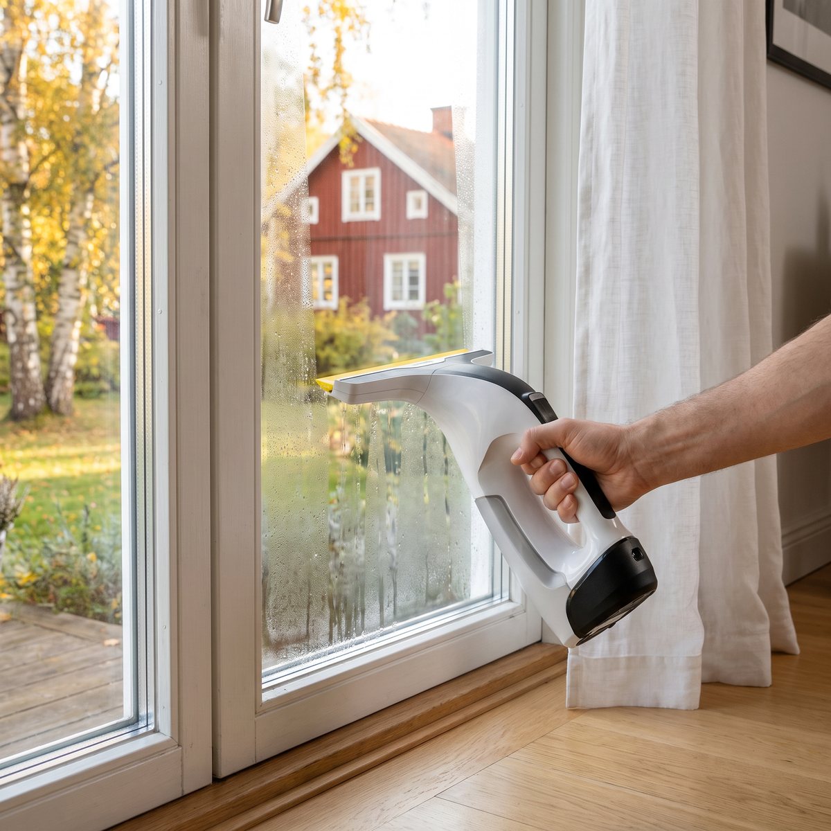 Kärcher WV 6 Plus dras nedför ett stort vardagsrumsfönster i en svensk villa med björkar och ett rött trähus utanför