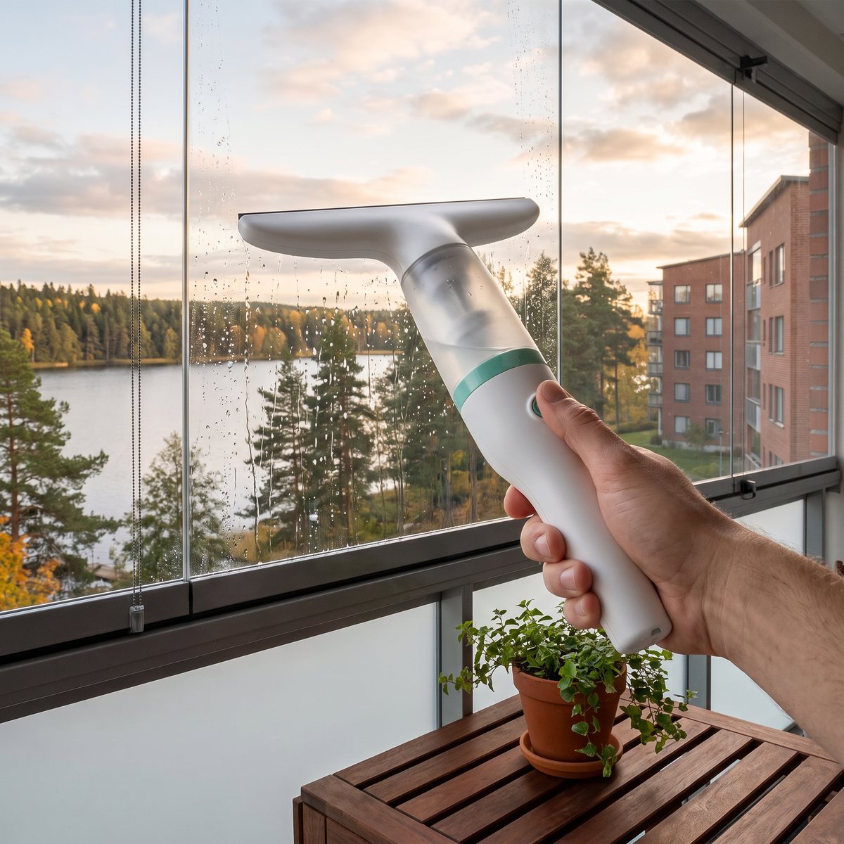 Nedis VCWI230WT på glaset i en inglasad balkong med utsikt över tallskog, en sjö och tegelhus