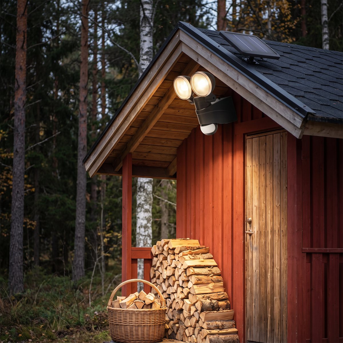 Svart Luxorparts solcellsdriven LED-strålkastare med två tända lampor under takfoten på en röd vedbod, solpanelen på taket och en vedkorg vid dörren