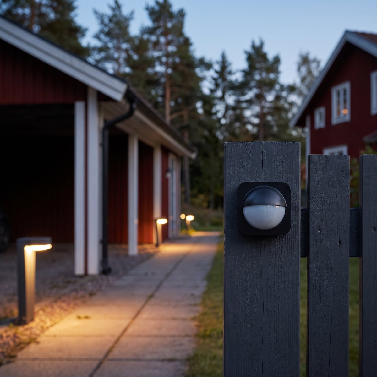 Svart Philips Hue rörelsevakt för utomhusbruk på en staketstolpe vid en carport, med tända trädgårdslampor längs en gång i kvällsljus