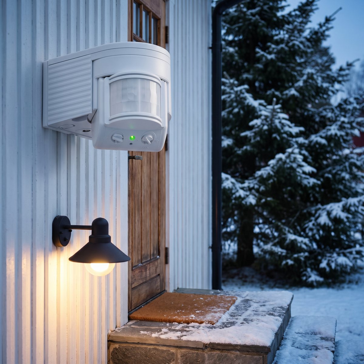 Vit rörelsevakt med skymningsrelä på en vit träfasad intill entrédörren, ovanför en tänd vägglampa en snöig vinterkväll