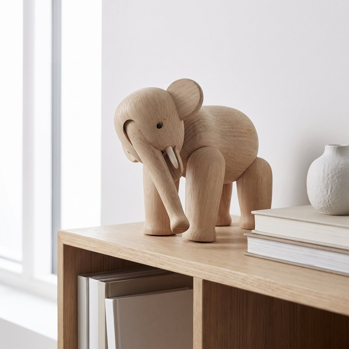 Kay Bojesen Elefant Mini i ljus obehandlad ek står på en bokhylla i ek bredvid böcker och en vit vas