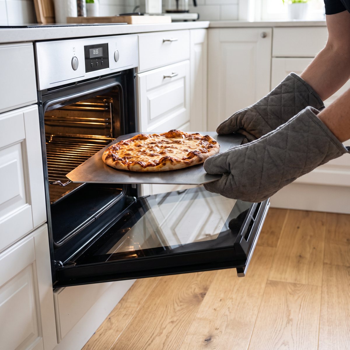 Gourmetstål Light lyfts ur ugnen med ugnsvantar och en pizza på, i ett svenskt kök