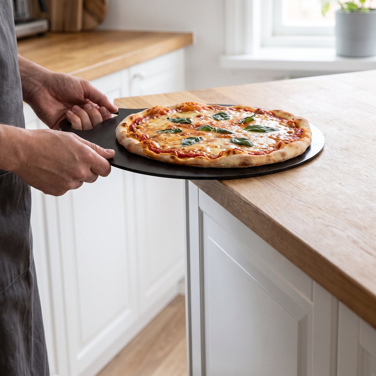Runt Kockums Jernverk bakstål med pizza som bärs i handtaget i ett svenskt kök