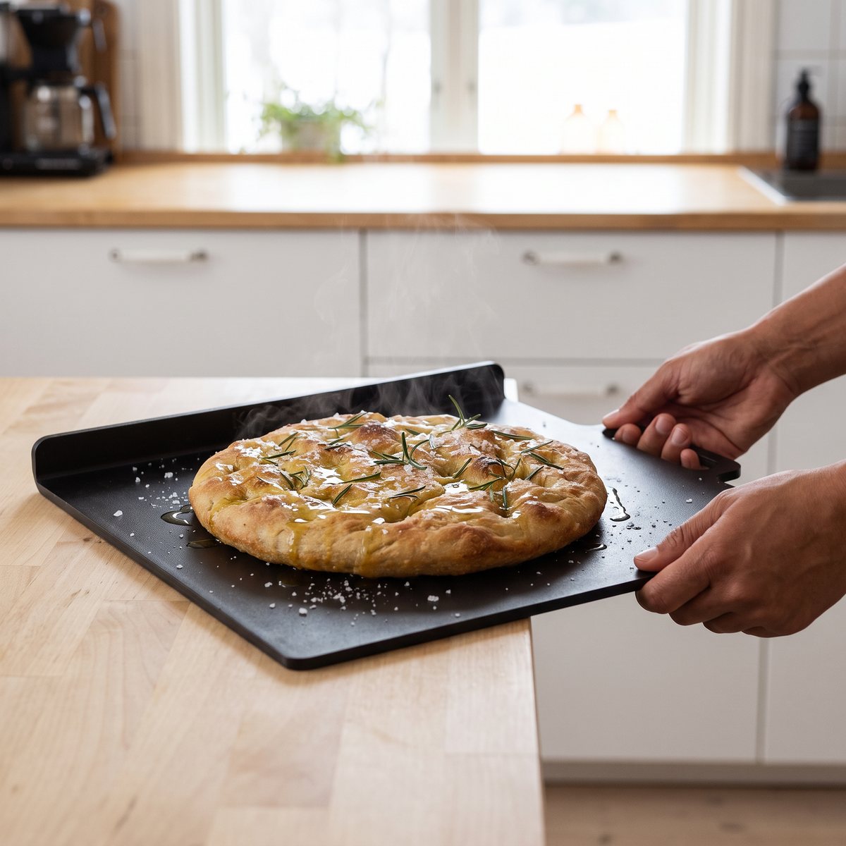Kockums Jernverk bakstål med uppvikt kant och nygräddad focaccia på en köksbänk i ett svenskt kök