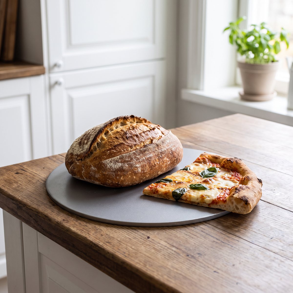 Rund Muurikka bakstålsskiva i rostfritt stål med bröd och pizzabit på en träbänk i ett svenskt kök