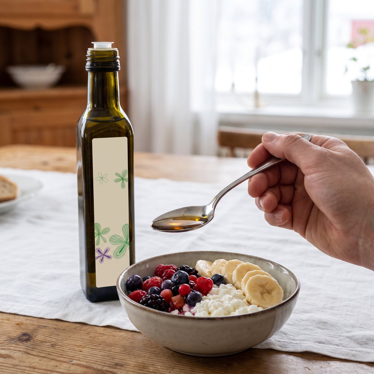 Flaska med Biofood linfröolja och en sked olja över kvarg med frukt vid ett svenskt frukostbord