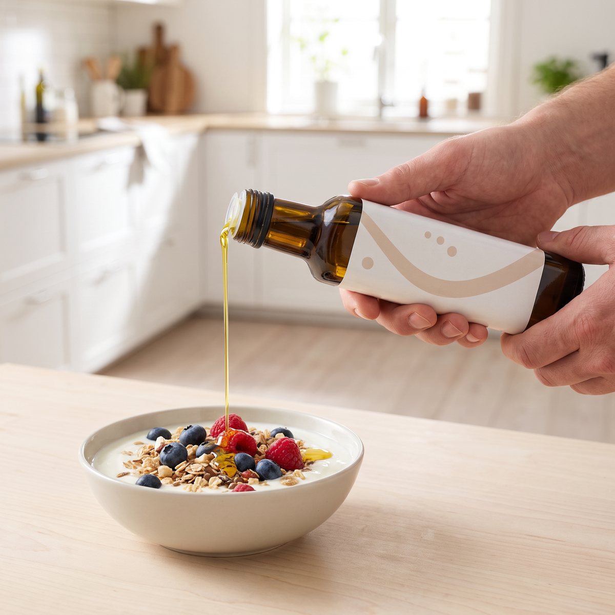 Flaska med Holistic ekologisk linfröolja som hälls över yoghurt med bär och müsli på ett björkbord i ett svenskt kök