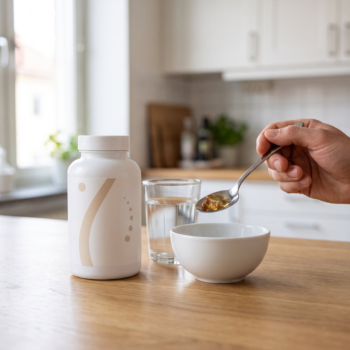 Burk med Holistic linfröolja i kapslar på en köksbänk med vattenglas i ett svenskt kök