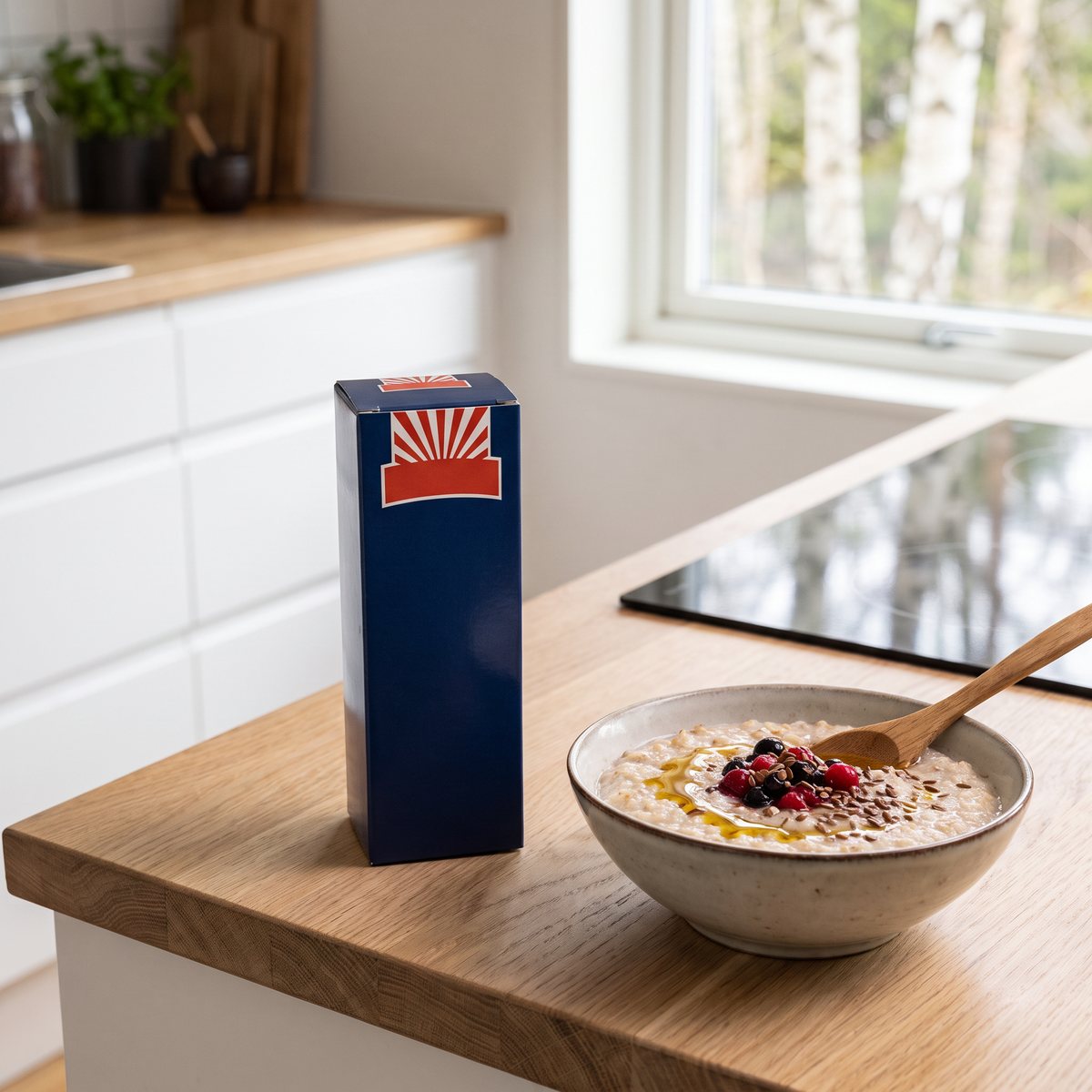 Förpackning med Kung Markatta linfröolja bredvid en gröt på en köksbänk i ett svenskt kök