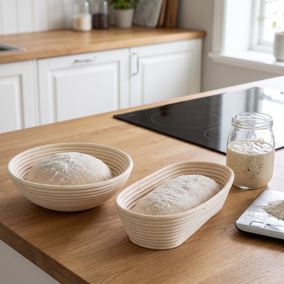 Essentials två jäskorgar i rotting, en rund och en oval, med var sin jäsande deg på en träbänk bredvid en induktionshäll i ett svenskt kök