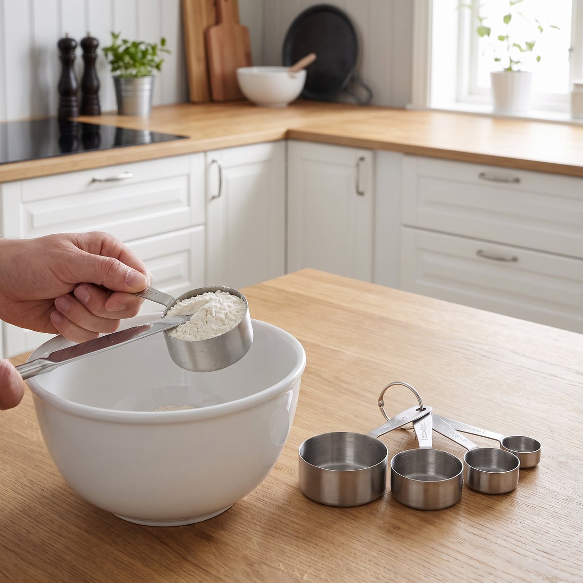 Dorre Myahs måttsats i rostfritt stål där ett mått mjöl jämnas av över en vit skål på en köksbänk i ett svenskt kök
