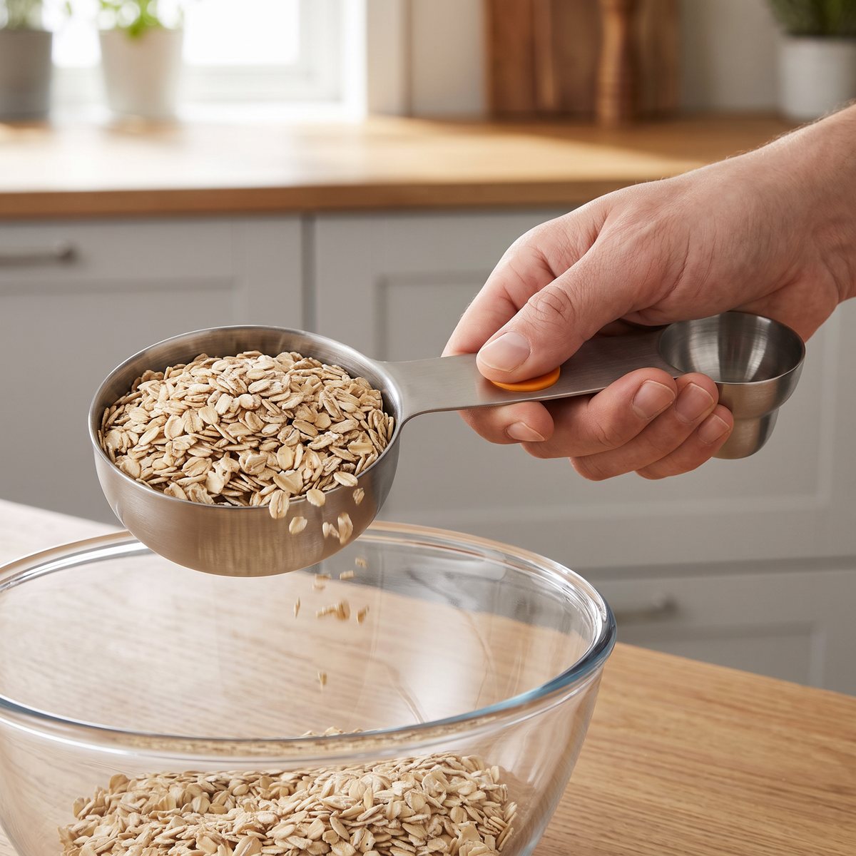 Fiskars måttsats i rostfritt stål där havregryn mäts upp över en glasskål i ett svenskt kök