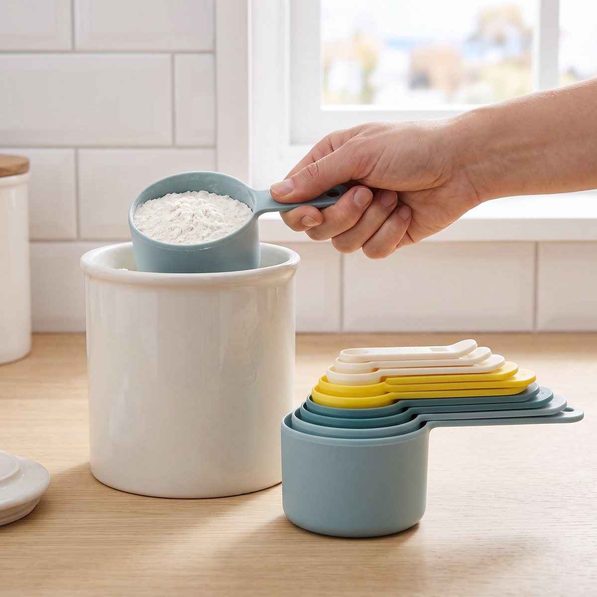 Joseph Josephs Nest-måttset i pastellfärgad plast där mjöl mäts upp ur en keramikburk på en träbänk i ett svenskt kök
