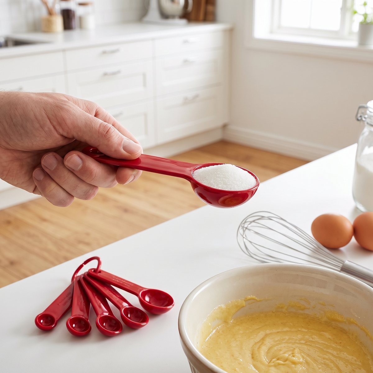 KitchenAids röda måttskedar där socker mäts upp över en skål med smet på en vit köksbänk i ett svenskt kök