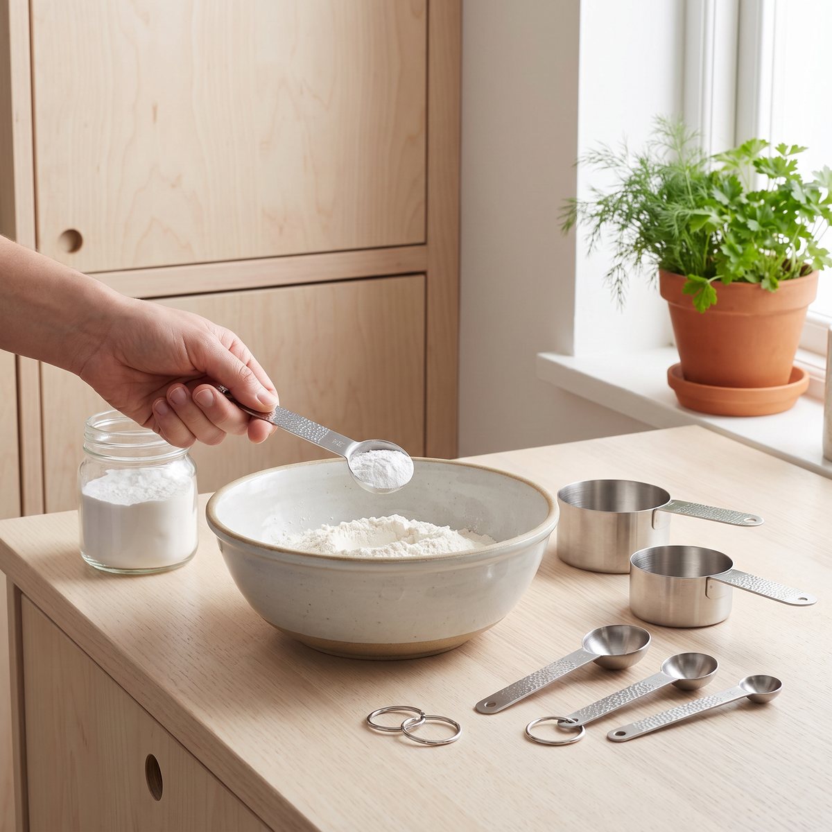Vargen & Thors måttsats i rostfritt stål där bakpulver mäts upp med en måttsked över en mjölskål i ett ljust svenskt kök