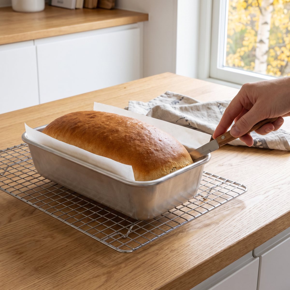 Brödform i oklätt aluminium med bakplåtspapper och gyllenbrun limpa på ett galler på en ekbänk