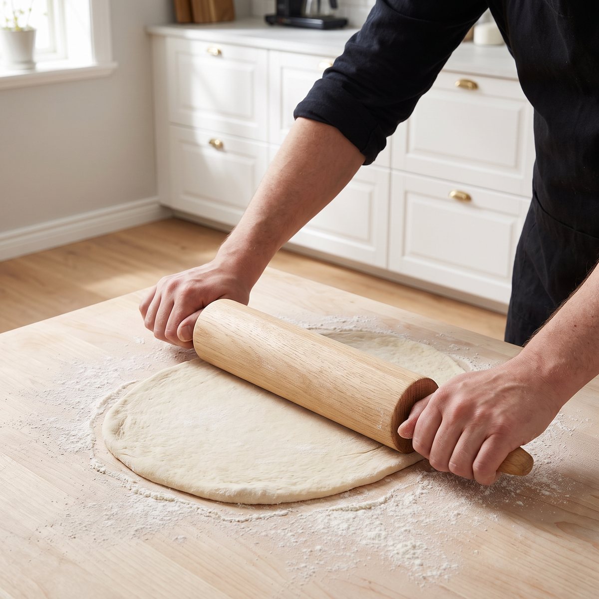 Blomsterbergs kullagerkavel i ek används för att kavla ut pizzadeg på ett träbord i ett svenskt kök