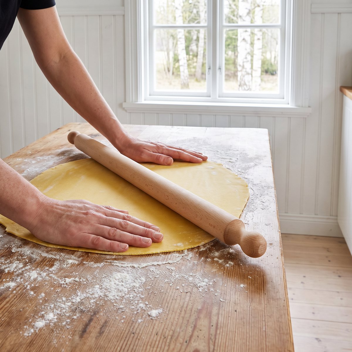 Eppicotispais långa pastakavel i trä används för att kavla ut färsk pastadeg på ett bord i ett svenskt kök