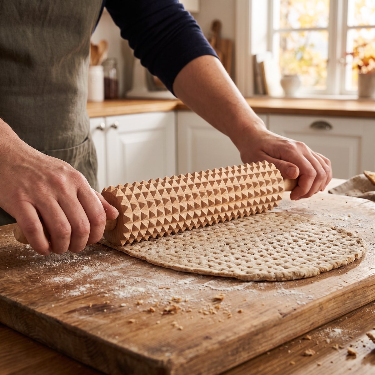 Jonas of Sweden naggad brödkavel används för att mönstra knäckebrödsdeg på en skärbräda i ett svenskt kök