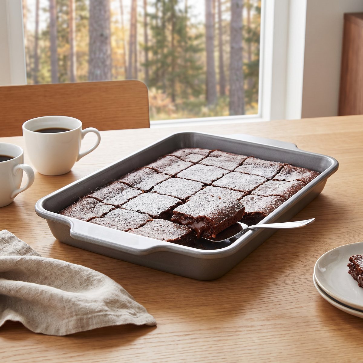 Kladdkaka skuren i rutor i KitchenAids silvergrå långform på ett svenskt fikabord med tallskog utanför fönstret