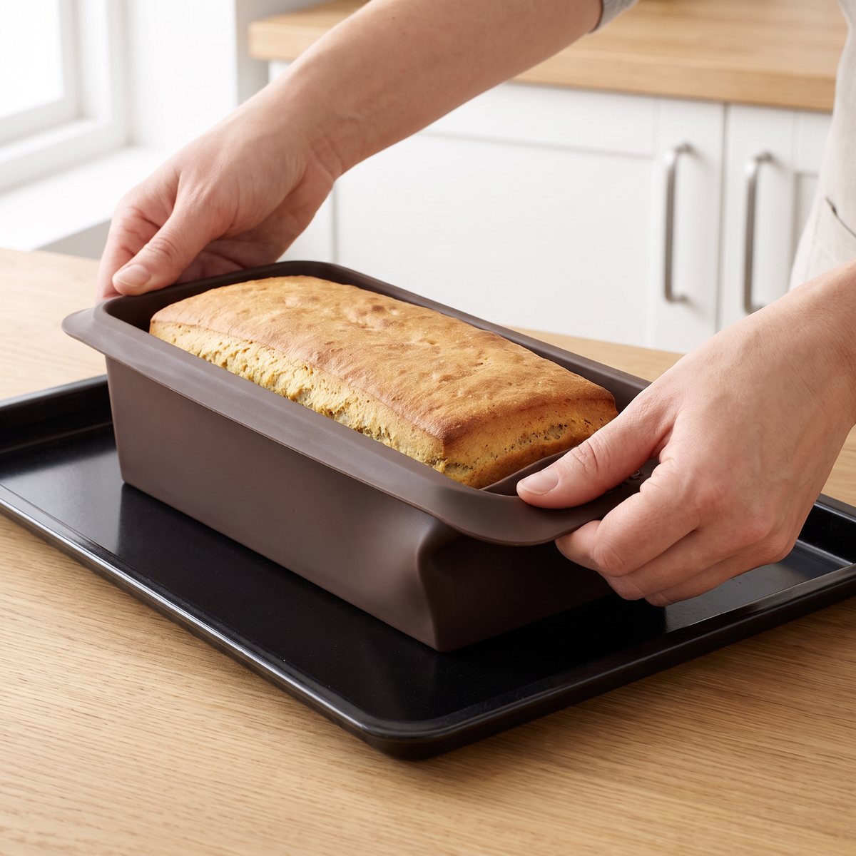 Formbröd i Lékués bruna silikonform som står på en bakplåt på en ljus ekbänk i ett svenskt kök