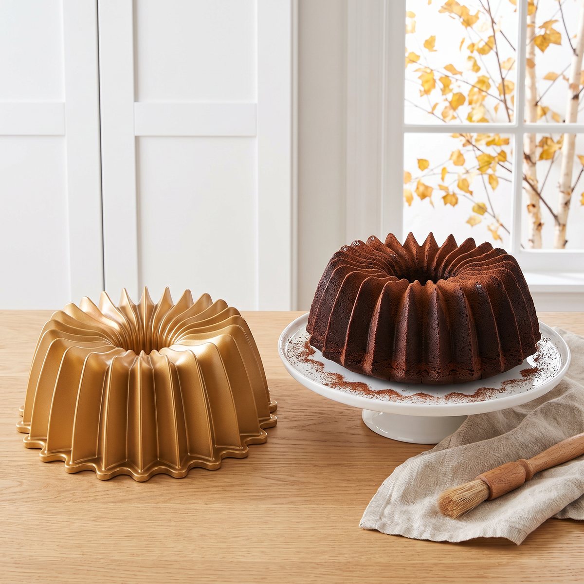Guldfärgad bundtform från Nordic Ware bredvid en uppstjälpt chokladkaka med skarpt räfflat mönster på ett svenskt köksbord