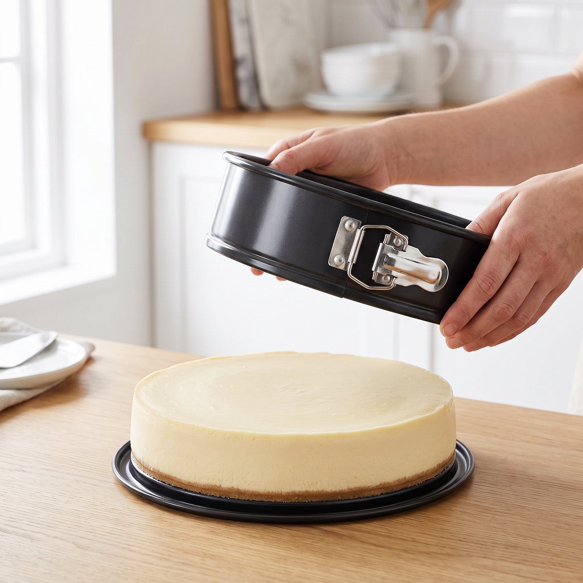 Svart springform från Tala lyfts av en cheesecake som står kvar på bottenplattan i ett ljust svenskt kök