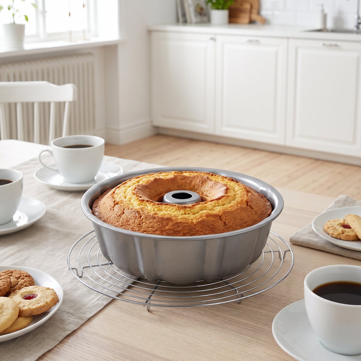 Nygräddad sockerkaka i Dorre Karabos grå kakform på ett galler, dukat för fika vid ett köksbord