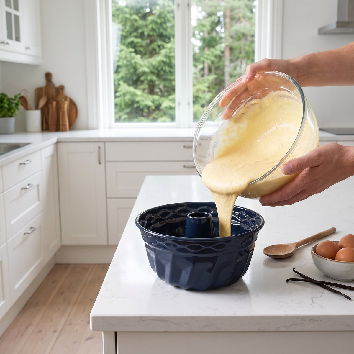 Mörkblå emaljerad kakform från Dr Oetker som fylls med sockerkakssmet på en vit köksbänk i ett ljust svenskt kök