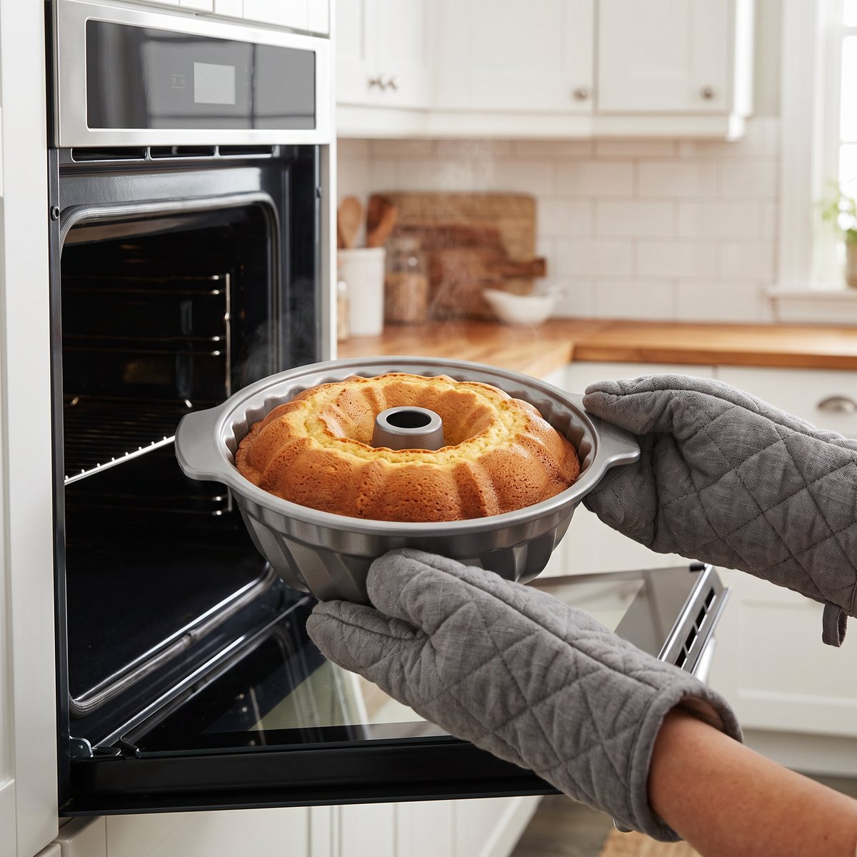 Händer i grytvantar lyfter KitchenAids räfflade kakform med nygräddad sockerkaka ur ugnen i ett ljust svenskt kök
