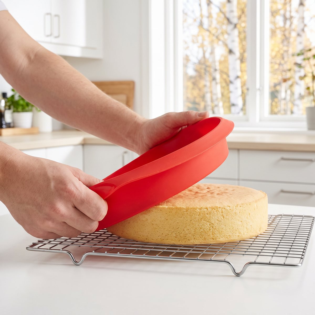 Röd silikonform från Lékué som lyfts av från en ljus tårtbotten på ett galler i ett svenskt kök