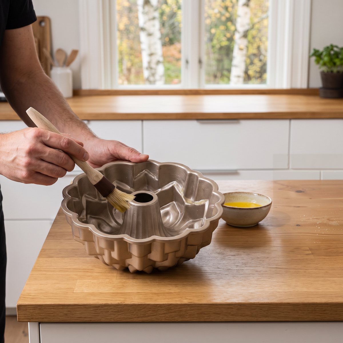 Hand penslar smör i Nordic Ware Blossoms guldfärgade blomform på en ekbänk i ett ljust svenskt kök