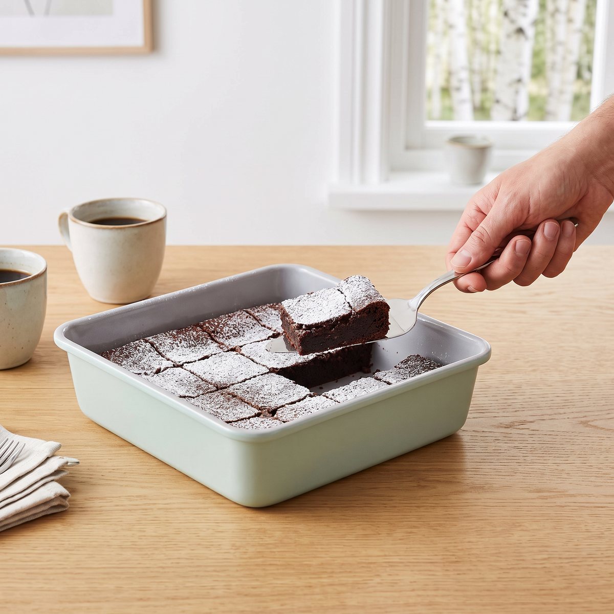 Kladdkaka skuren i rutor i Tefals kvadratiska mintgröna kakform på ett ljust träbord med kaffekoppar