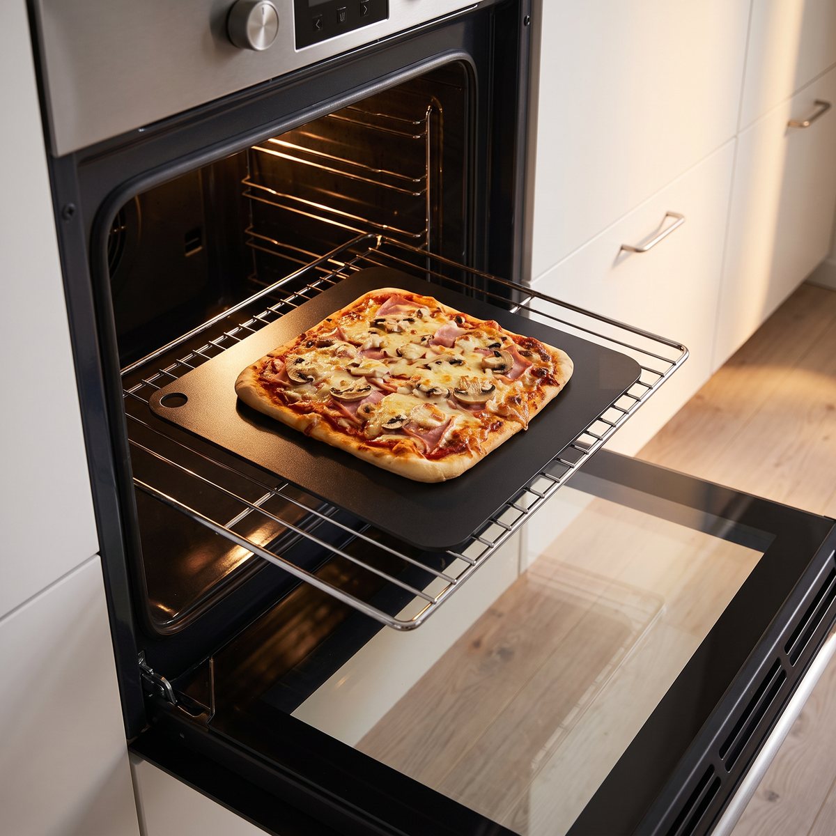 Dorre kvadratiskt bak- och pizzastål i svart kolstål med en fyrkantig pizza på ugnsgallret i ett ljust svenskt kök