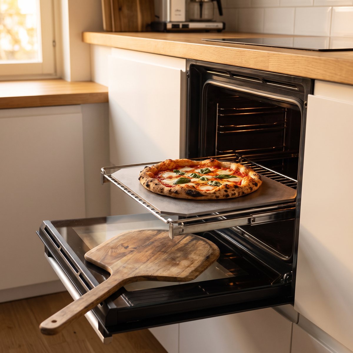 Gourmetstål Classic, en rå grå stålplatta med avfasade hörn, med en nygräddad pizza på ugnsgallret i ett svenskt kök med vita luckor och bänkskiva i ek