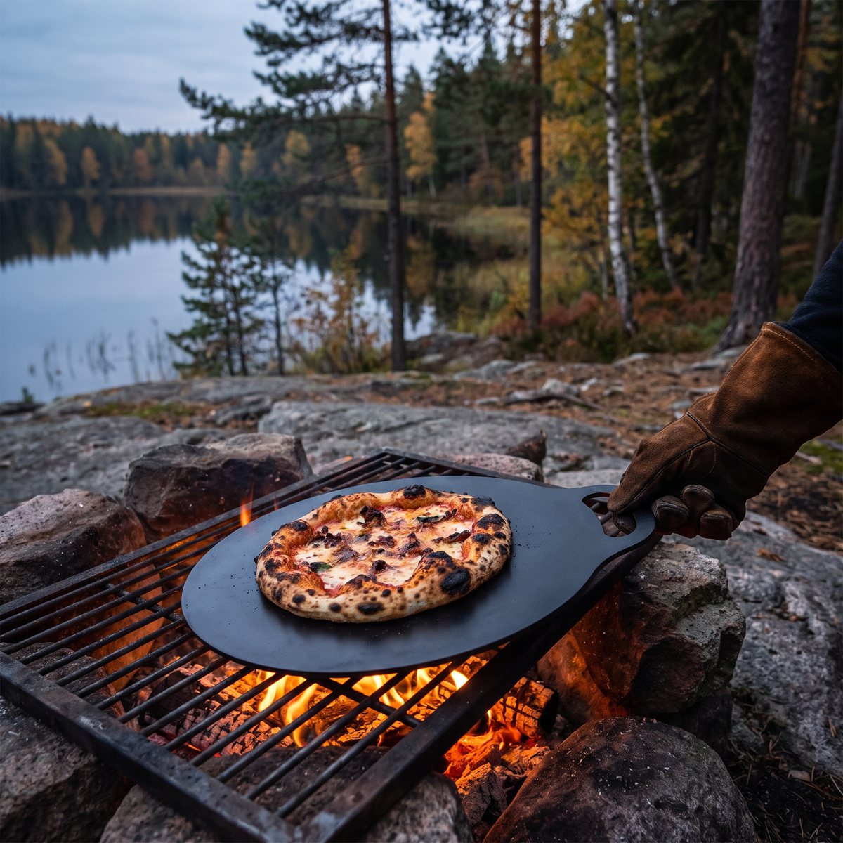 Kockums Jernverk runt bak- och pizzastål i svart kolstål med en pizza på ett galler över öppen eld vid en svensk skogssjö, en grillhandske håller i handtaget