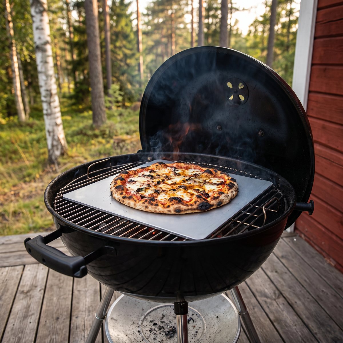 Mareld pizzastål i ljust valsat stål med en pizza på gallret i en klotgrill på altanen vid en röd stuga bland björk och tall