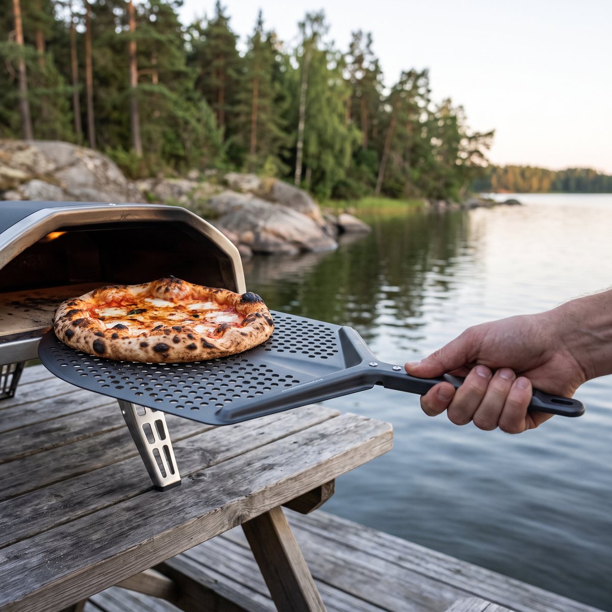 Gozney Venture pizzaspade med rundat, hålat blad som lyfter ut en gräddad pizza ur en bärbar pizzaugn på en brygga vid en sjö