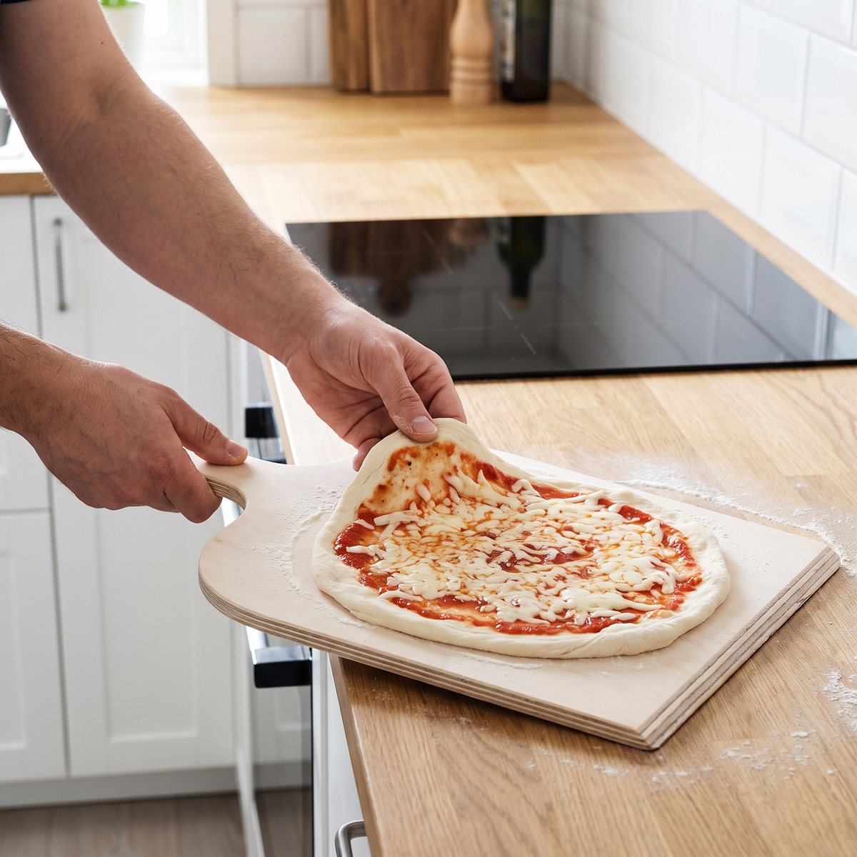 Kockums Jernverk pizzaspade i plywood med en toppad rå pizzadeg på en köksbänk i ek i ett ljust svenskt kök