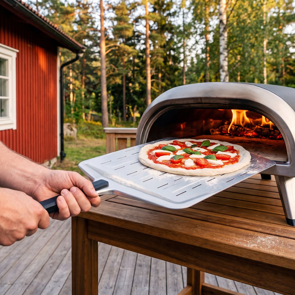 Ooni Perforerad pizzaspade med en rå pizza på det hålade aluminiumbladet framför en pizzaugn på en träaltan vid ett rött trähus